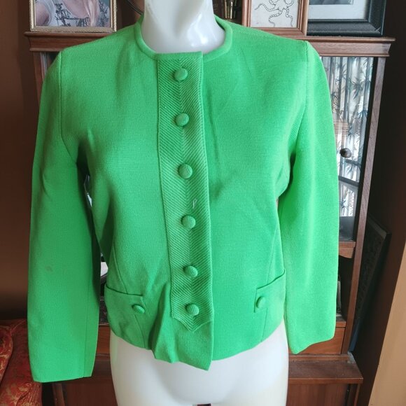 Small Vintage Sweater 1960's Kimberly Neon Green Wool Button-Up Blazer Italy - Picture 1 of 8